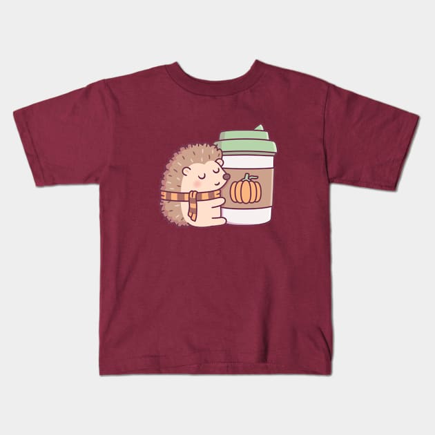 Cute Hedgehog Hugging Pumpkin Spice Latte Kids T-Shirt by rustydoodle